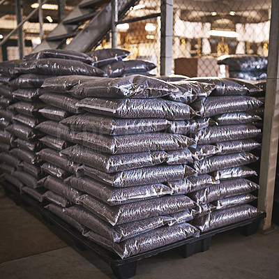 Buy stock photo Coffee beans, warehouse and factory distribution or packaging facility for shipping, supply chain or manufacturing. Caffeine, bags and export backlog in storehouse for production, import or order
