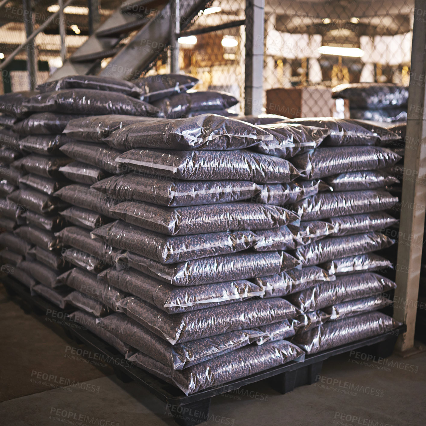 Buy stock photo Coffee beans, warehouse and factory distribution or packaging facility for shipping, supply chain or manufacturing. Caffeine, bags and export backlog in storehouse for production, import or order