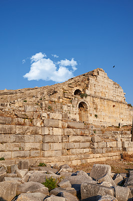 Buy stock photo Ruins, buildings and outdoor for architecture town, history and public destination for tourism, Location, ancient exterior and culture exploration or sightseeing, travel and structure in Turkey