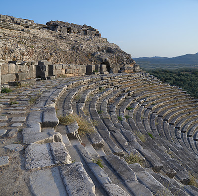 Buy stock photo Travel, empire and ancient architecture in Greece as theatre, structure and old building at destination. Landmark, monument and history with tourism, culture and art for discovery, adventure and site