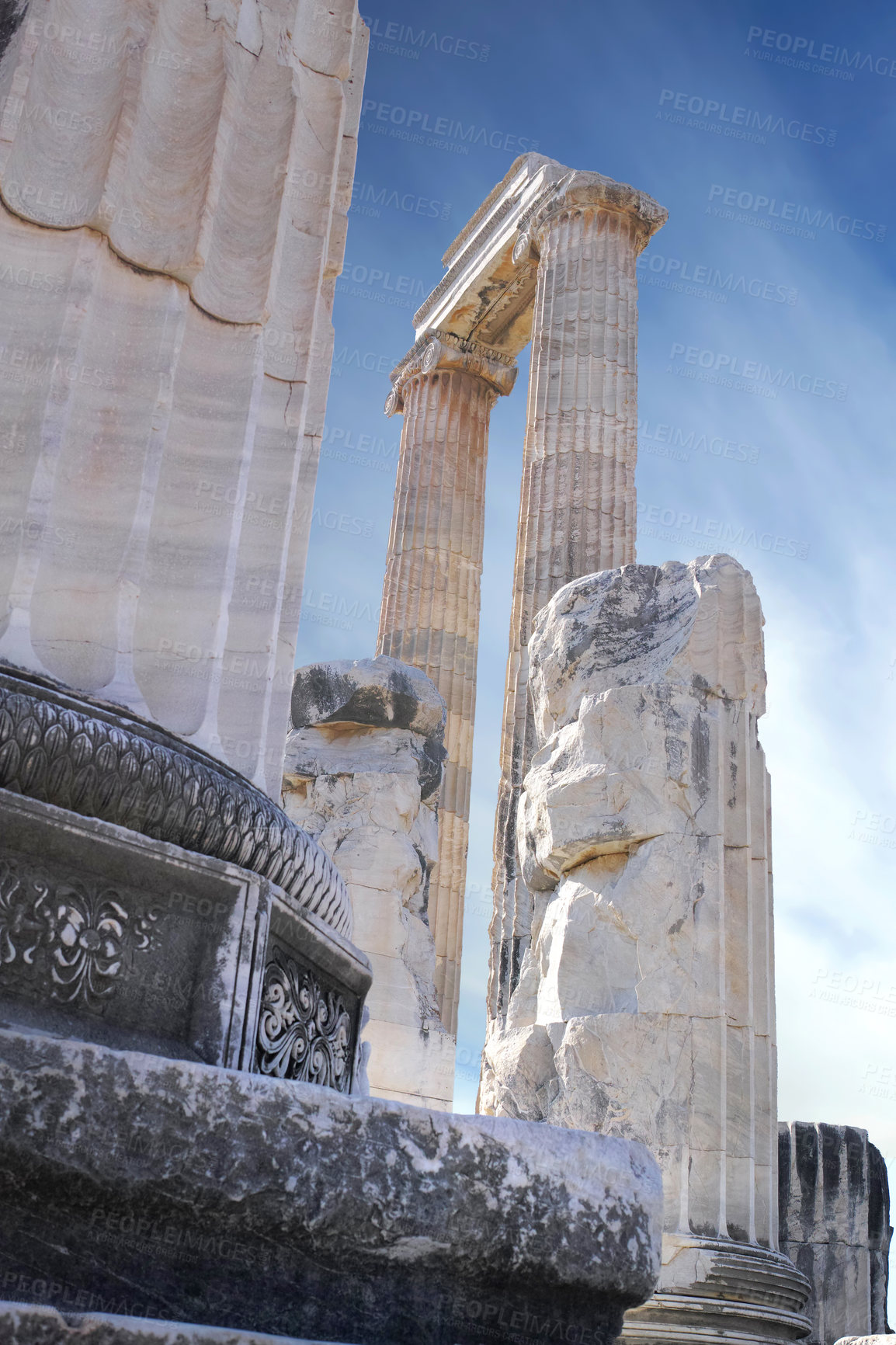 Buy stock photo Landscape of architecture pillars and ancient sculptures in the Temple of Apollo in Didyma, Turkey. Archway detail patterns and design on stone structure in sacred site of Greek history and culture