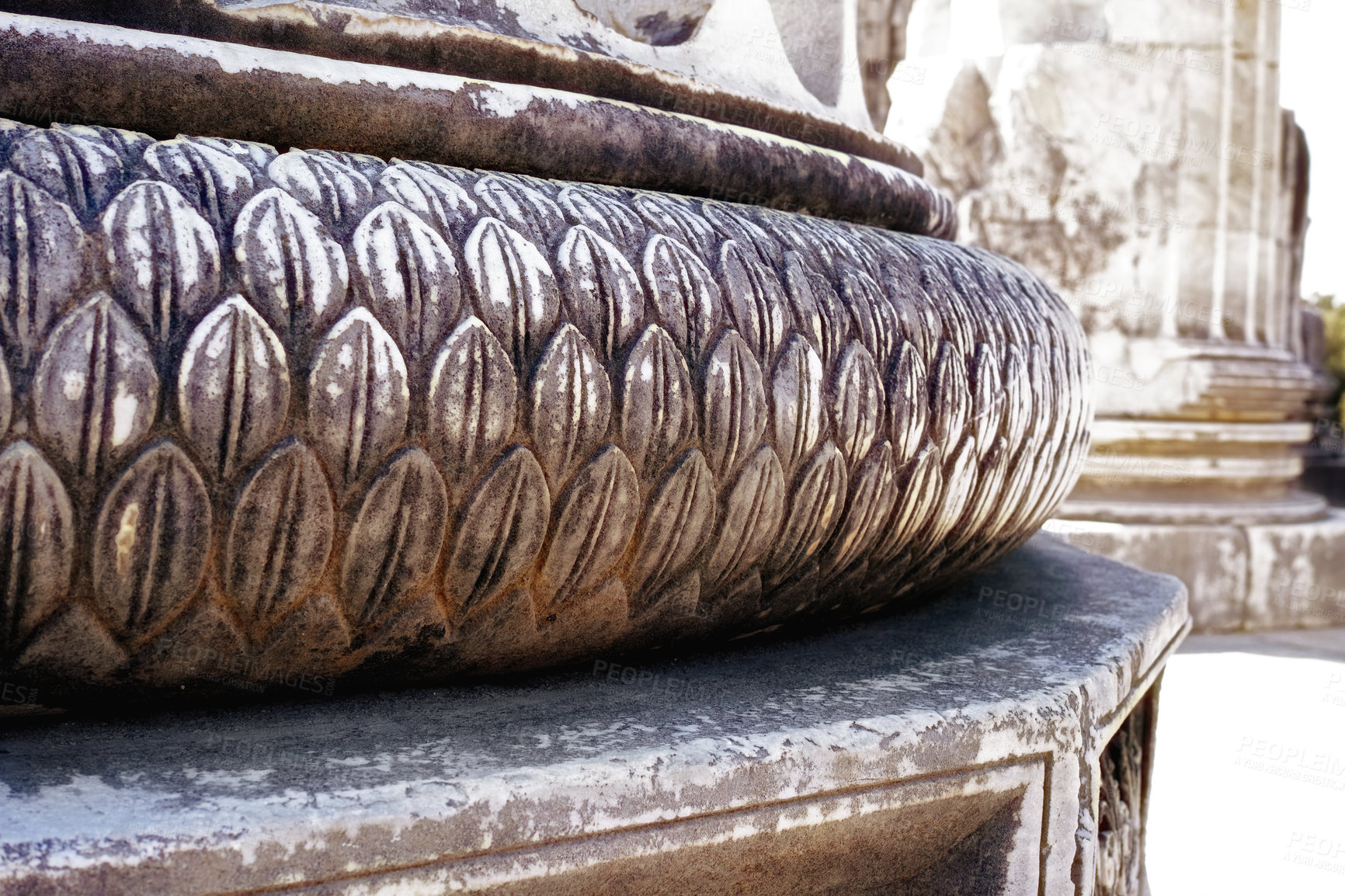 Buy stock photo Closeup of architectural detail on the Temple of Apollo.  Zoom on built structure on sacred site in Turkey. Represents Ancient Greek world, God of music, harmony, light and healing 