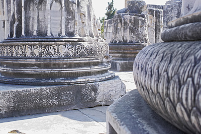 Buy stock photo Closeup of architecture pillars in the Temple of Apollo in Didyma, Turkey in the day. Zoomed in and macro detail of design on stone structure in ancient sacred site in Greek history. Famous oracle