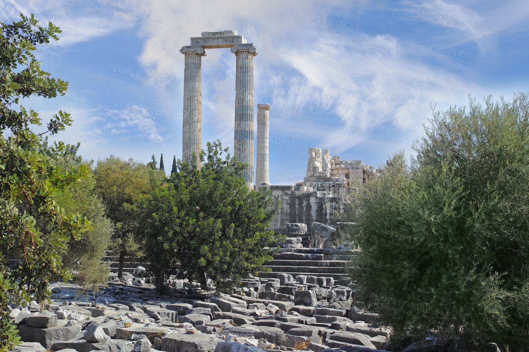 Buy stock photo Landscape of architecture pillars in the Temple of Apollo in Didyma, Turkey during the day. Archway detail and design on stone structure in ancient sacred site in Greek history. Famous oracle,tourism