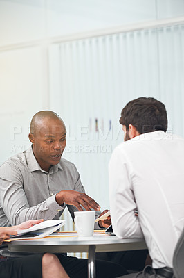 Buy stock photo Business people, conference room and meeting with paperwork for teamwork planning, problem solving or collaboration. Male person, corporate and financial document or investment, deal or partnership