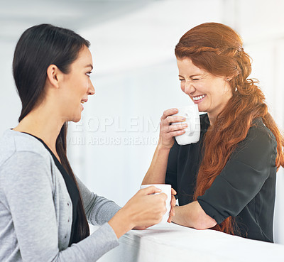 Buy stock photo Business women, coffee and laughing with gossip, funny story or conversation with partner in office. Work friends, happy and listen with drink, latte and chat to start morning in corporate workplace