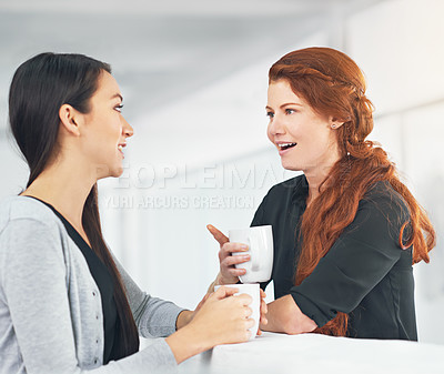 Buy stock photo Business women, coffee and conversation with gossip, funny story or laughing with partner in office. Work friends, happy and listen with drink, latte and chat to start morning in corporate workplace