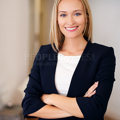 Buy stock photo Corporate woman and smile with confidence at home for startup business and company as hr. Portrait, female person and happy or satisfied on career with growth, progress and job as entrepreneur