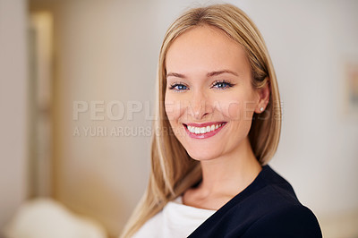 Buy stock photo Smile, closeup and portrait of business woman in office, workspace and confident for corporate career with mockup space. Female person, employee and legal worker as lawyer, attorney or solicitor
