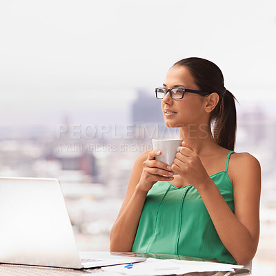 Buy stock photo Woman, outdoor and thinking with coffee and laptop for remote work in trading business and planning strategy. Entrepreneur, ideas or investor drink espresso on balcony in city with stocks on computer