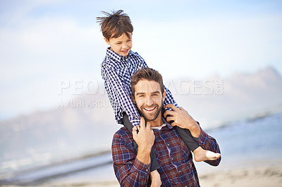 Buy stock photo Ocean, portrait and man with child on shoulders, walking and smile on outdoor bonding adventure. Nature, father and son at beach for travel, trust and holiday together with support, love and growth.
