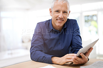 Buy stock photo Tablet, app and portrait of senior man in house streaming, reading or ebook sign up. Face, smile or elderly male person with digital, search or online for google it, internet or subscription service