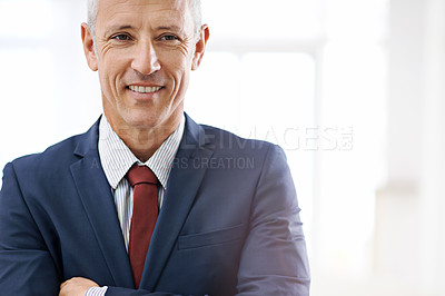 Buy stock photo Crossed arms, business and portrait of senior man with confidence for career, job and working. Professional office, startup agency and person with team for company pride, smile and positive attitude