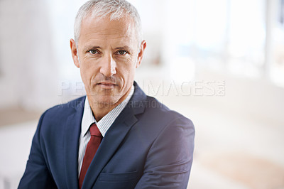 Buy stock photo Office, portrait and mature businessman, ceo or senior manager at corporate startup with mockup. Trust, confidence and face of business owner, boss or entrepreneur at professional agency with pride