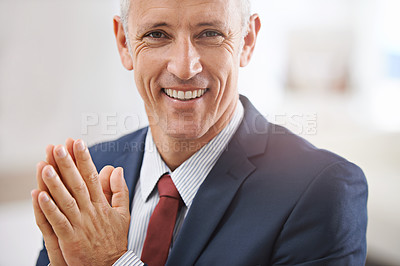 Buy stock photo Smile, portrait and mature politician, businessman or senior manager at government office. Trust, confidence and happy face of business owner, boss or entrepreneur at professional agency with pride