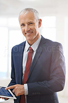 Buy stock photo Portrait, economy and business with man, tablet and investor with internet or accountant with investment. Face, employee or broker with technology or charts with company profit or startup with graphs