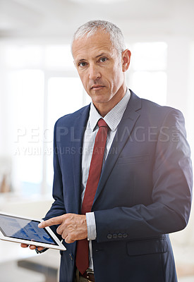 Buy stock photo Tablet screen, portrait or senior businessman with hand pointing to graph, chart or statistics. Finance, face or accountant show digital timeline app, budget or investment, research or data analytics