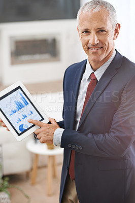 Buy stock photo Portrait, charts and investment with man, tablet and business with internet or accountant with economy. Face, employee or broker with tech or finance with company profit or startup with graphs or app