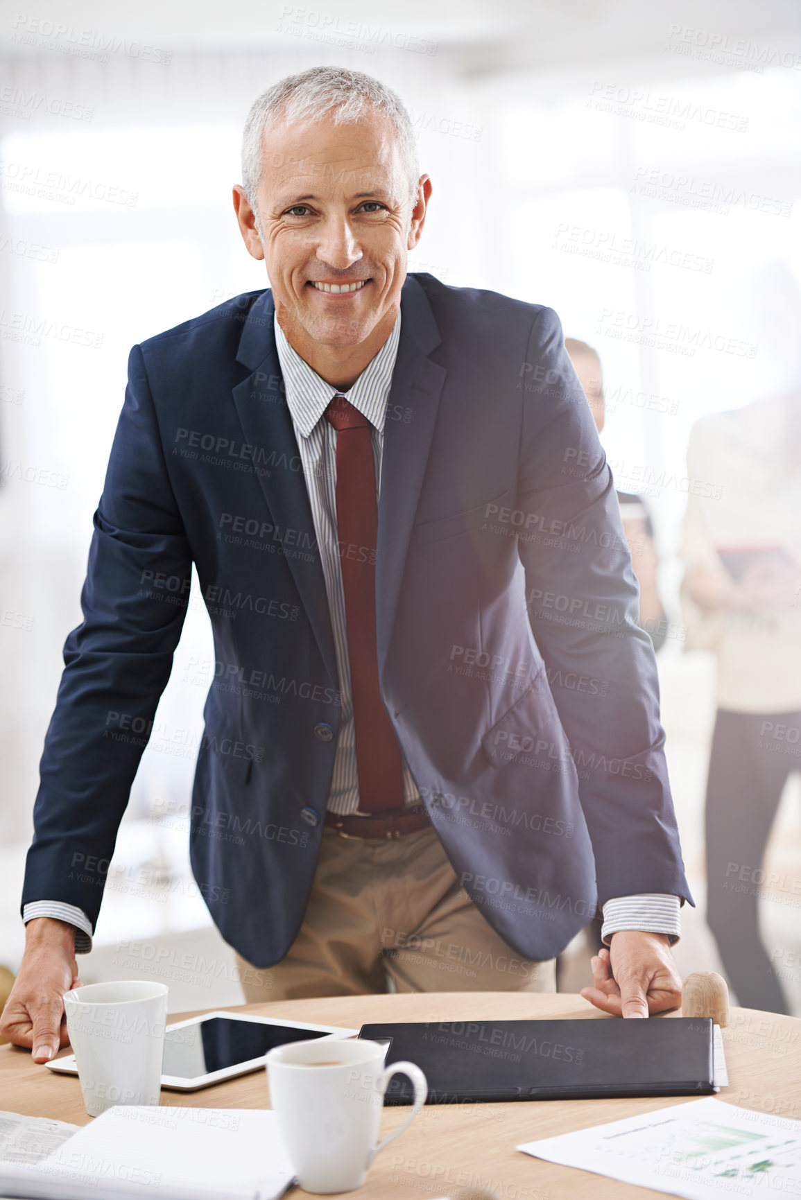 Buy stock photo Corporate, desk and portrait of business man with confidence for career, job and working. Professional, startup agency and senior person in office for company pride, smile and positive attitude