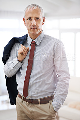 Buy stock photo Relax, portrait and mature businessman, ceo or senior manager at corporate startup office. Serious, trust and confident face of business owner, boss or entrepreneur at professional agency with pride
