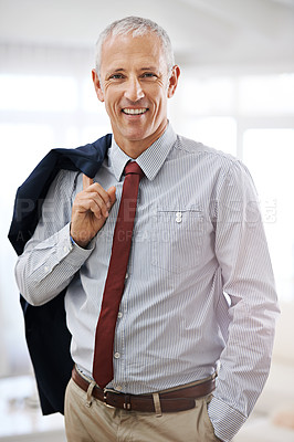 Buy stock photo Happy, portrait and mature businessman, ceo or senior manager at corporate startup office. Relax, confidence and professional business owner, boss or entrepreneur at real estate agency with pride