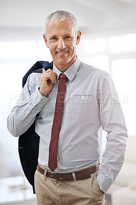 Buy stock photo Smile, portrait and mature businessman, confident ceo or senior manager at corporate startup office. Relax, career and happy face of business owner, boss or proud entrepreneur at professional agency