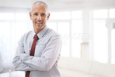 Buy stock photo Portrait, man and business with arms crossed, smile or mockup space with lawyer in workplace. Face, mature person or entrepreneur with attorney or employee with startup or corporate with professional