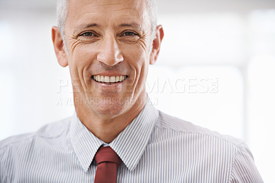 Buy stock photo Smile, portrait and mature business man, ceo or senior manager at corporate startup office. Relax, confidence and happy face of professional, boss or entrepreneur at government agency with pride