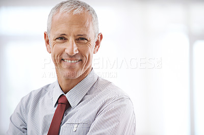 Buy stock photo Smile, portrait and senior business man, ceo or mature manager at corporate startup office. Relax, confidence and happy professional, boss or entrepreneur at agency with pride, mockup and space