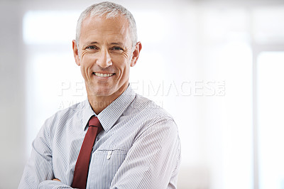 Buy stock photo Smile, portrait and mature businessman in mockup, ceo or senior manager at corporate startup office. Relax, confidence and happy business owner, boss or entrepreneur at professional agency with pride