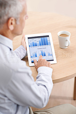 Buy stock photo Tablet, screen or senior businessman with hand pointing to graph, chart or budget, savings or review in office. Finance, research or old accountant with digital app, timeline or data analytics