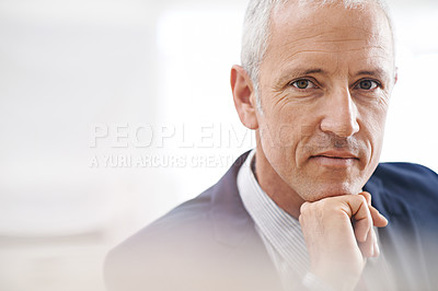 Buy stock photo Senior businessman, portrait and thinking in office for idea, planning or problem solving insight. Face, vision or elderly male entrepreneur with why, questions or brainstorming recruitment solution