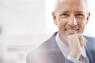 Buy stock photo Businessman, portrait and happy senior in office with career, goal or company pride with mockup. Face, space and elderly male executive smile with positive mindset, confidence or agency and good mood