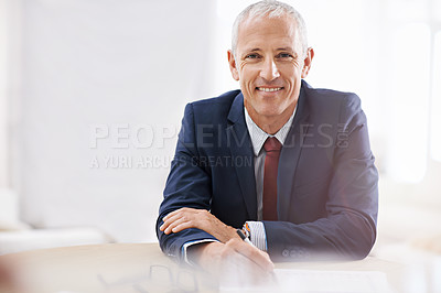 Buy stock photo Office, confident and portrait of business man with smile for career, job and working at desk. Professional, startup agency and senior person with documents for company pride, face and planning