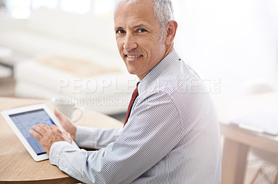 Buy stock photo Portrait, business and economy with man, tablet and startup with internet and accountant with investment. Face, employee and broker with technology or increase with company profit or financial growth