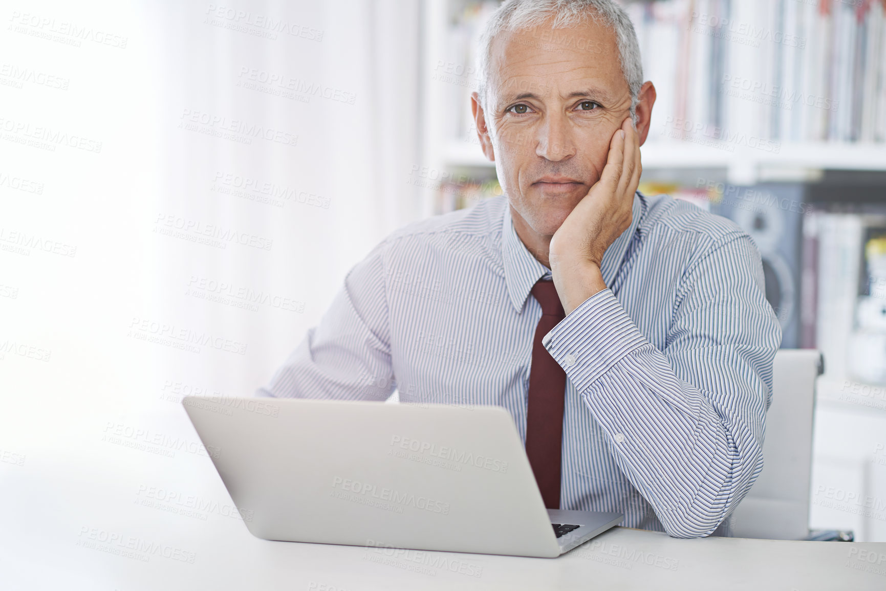 Buy stock photo Portrait, laptop and senior businessman in office thinking, planning or checking email, review or social media feedback. Face, calm or old male executive with pc for online, research or communication