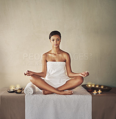 Buy stock photo Woman, portrait and skincare in spa for chakra, mental health and wellness for mindfulness. Yoga, mindset and holistic workout for fitness, peace in pilates and meditation with hands for healing 