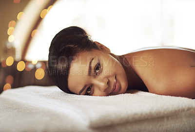 Buy stock photo Woman, spa and massage in portrait for wellness in Thailand, relax and pamper for muscles. Female person, beauty and healing in salon with bokeh for peace, happiness or skin care on vacation