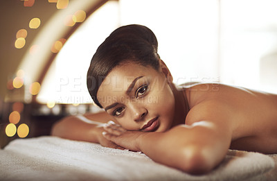 Buy stock photo Female person, spa and massage in portrait for wellness in Thailand, relax and pamper for muscles. Woman, beauty and healing in salon with bokeh for peace, happiness or skin care on vacation