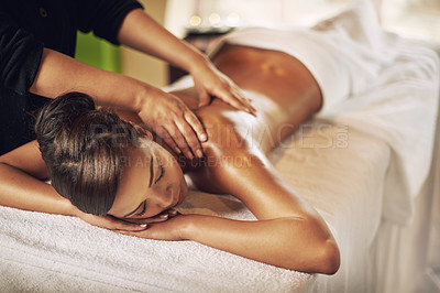 Buy stock photo Woman, massage and relax in spa for wellness, recovery and peace on vacation or weekend. Body care, holistic and  healing in beauty salon with professional masseuse, zen and detox on holiday resort