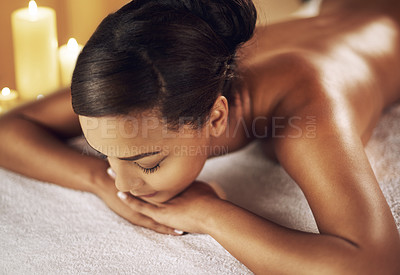 Buy stock photo Woman, relax and massage for skincare at spa with physical therapy for health or wellness from therapist for treatment. Calm, female person and peace with luxury healing service at beauty salon