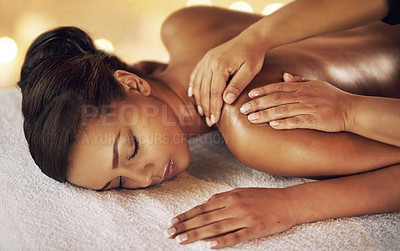 Buy stock photo Woman, relax and back massage at spa with oil for physical therapy for health or wellness from therapist for treatment. Calm, female person and peace with luxury healing service at beauty salon
