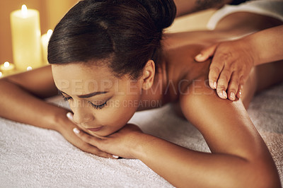 Buy stock photo Relax, woman and back massage at spa for therapy on vacation for health or wellness for treatment. Calm, female person and peace with healing service at beauty salon for skincare or self care