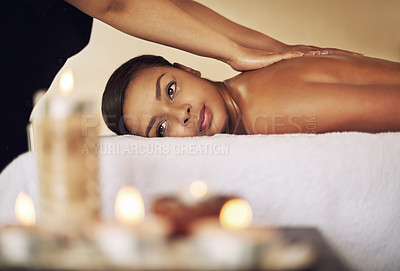 Buy stock photo Back massage, relax and thinking with woman in spa for health, skincare or stress relief on bed. Aromatherapy, beauty and idea with customer person at luxury resort for natural treatment or recovery