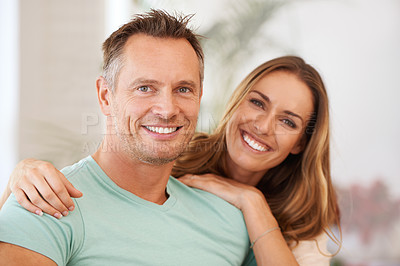 Buy stock photo Portrait, hug and couple with relationship, romance and quality time with happiness, bonding and loving. Face, mature man and woman with a smile, cheerful and marriage with joy, happy and romantic