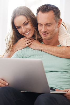 Buy stock photo Laptop, reading and happy couple with home internet for online planning, website review or check information together. Hug, love and affection of mature woman with partner or people on computer tech