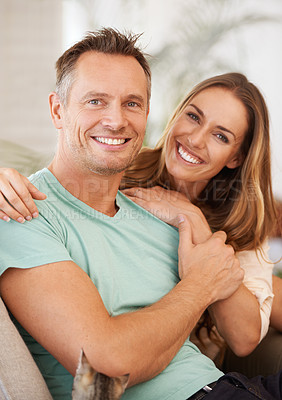 Buy stock photo Portrait, marriage and couple with love, hug and bonding for relationship, happiness and partners. Face, happy man and woman with a smile, loving and romance with affection, home and quality time