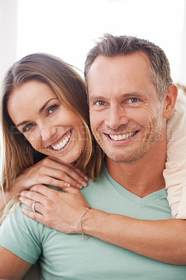 Buy stock photo Portrait, smile and couple with relationship, hug and loving with marriage, bonding and support. Face, mature man and happy woman with happiness, trust and partners embrace, love and cheerful with 