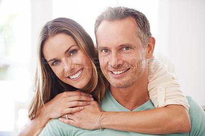 Buy stock photo Portrait, relationship and couple with a smile, hug and cheerful with marriage, dating and joyful. Face, happy man and woman with happiness, quality time or partners embrace, romance and love at home