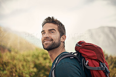 Buy stock photo Hiking, happy and thinking with man on mountain for fitness, adventure and travel journey. Backpacking, summer and workout with male hiker trekking in nature path for training, freedom and explore